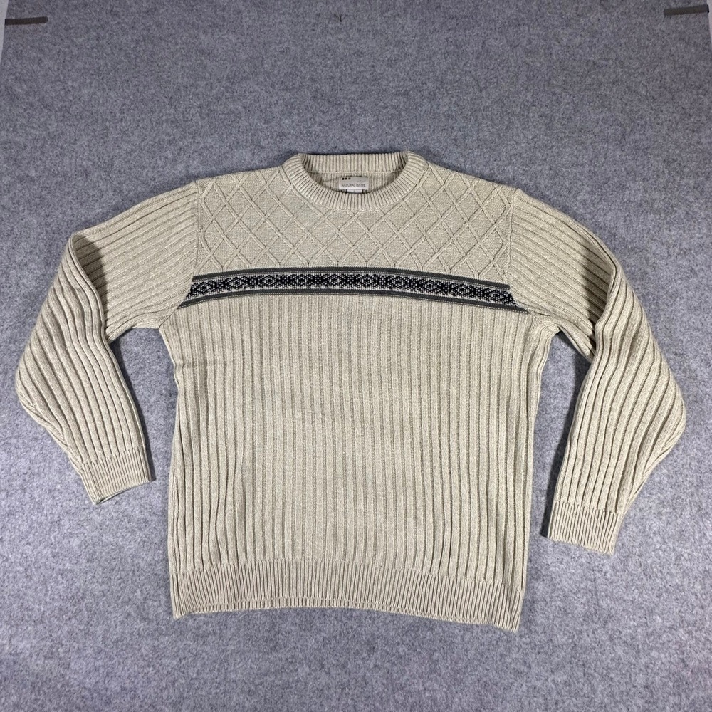 Natural Issue Sweater Mens Large Beige Ribbed Diamond Knit Crewneck Vintage